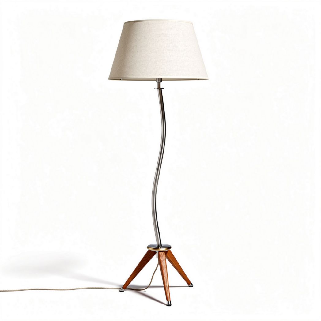 Vloerlamp van metaal en stof met houten poten en een hoogte van 150cm