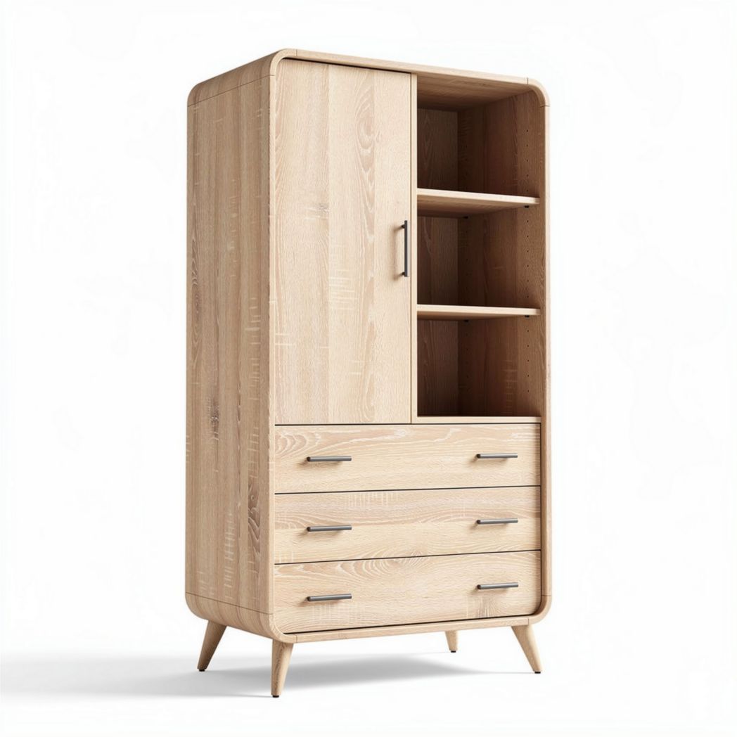 Houten kast met één deur en drie lades afmetingen 90 x 45 x 160cm