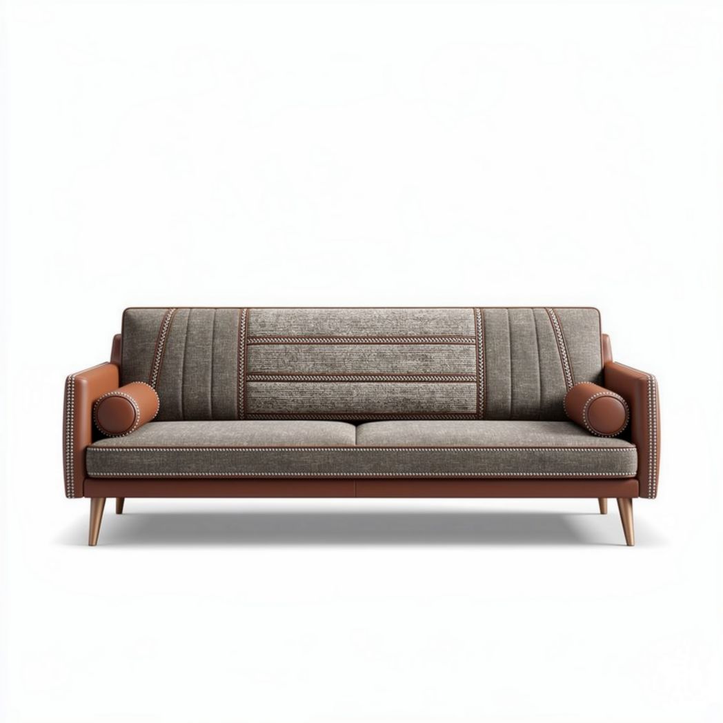 Grijs stoffen bank met leren accenten en houten poten 180 x 80 x 75cm