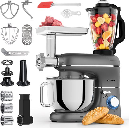 Fentic Keukenmachine – 2000W – Keukenrobot – Foodprocessor - 6,2L Mengkom – Incl. Vleesmolen, Blender en extra Accessoires – Zwart(Mat antraciet)