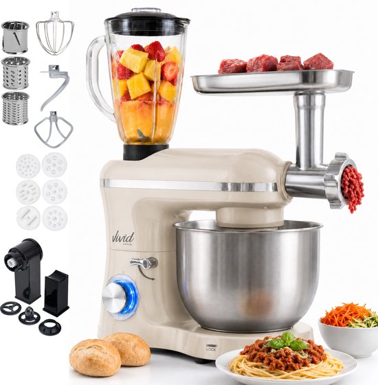 Vivid Green 2000W Keukenrobot - 6.2L - Alles-in-een Keukenmixer - Mixer met Mengkom - Keukenmachine - Gehaktmolen en Blender- Pastamachine – Creme(Creme)