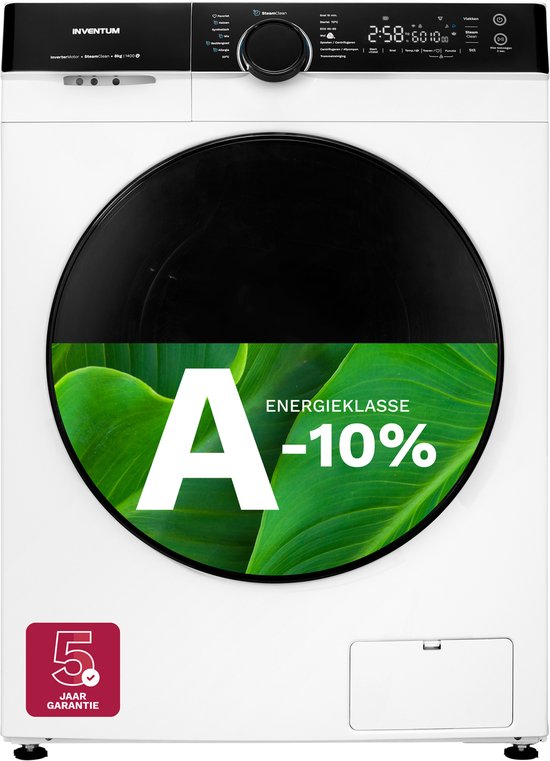 Inventum VWM8010B - Wasmachine - 8kg - 14 programma's - 1400 toeren - Energieklasse A-10% - Steam Clean - Stil: 72 dB - Zwart(Wit/zwart)